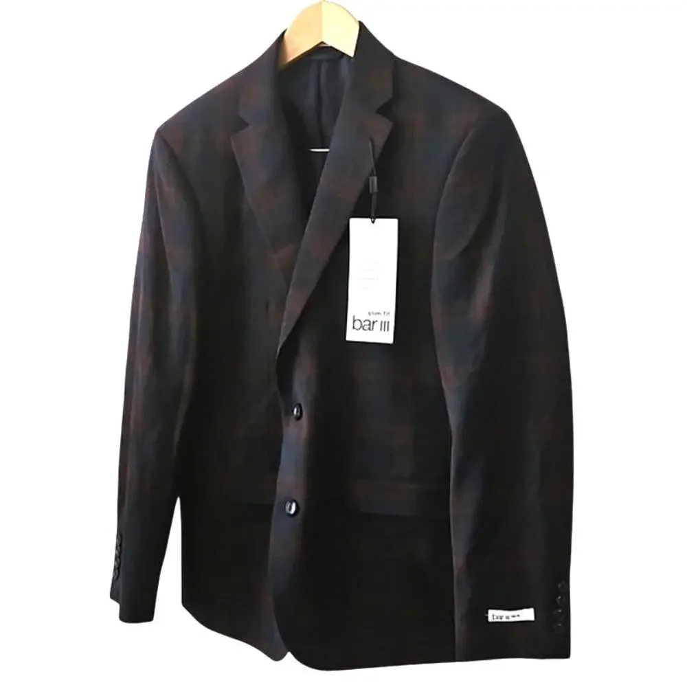 Bar III Mens Slim Fit Plaid Active Blazer Burgundy Navy 38S NWT